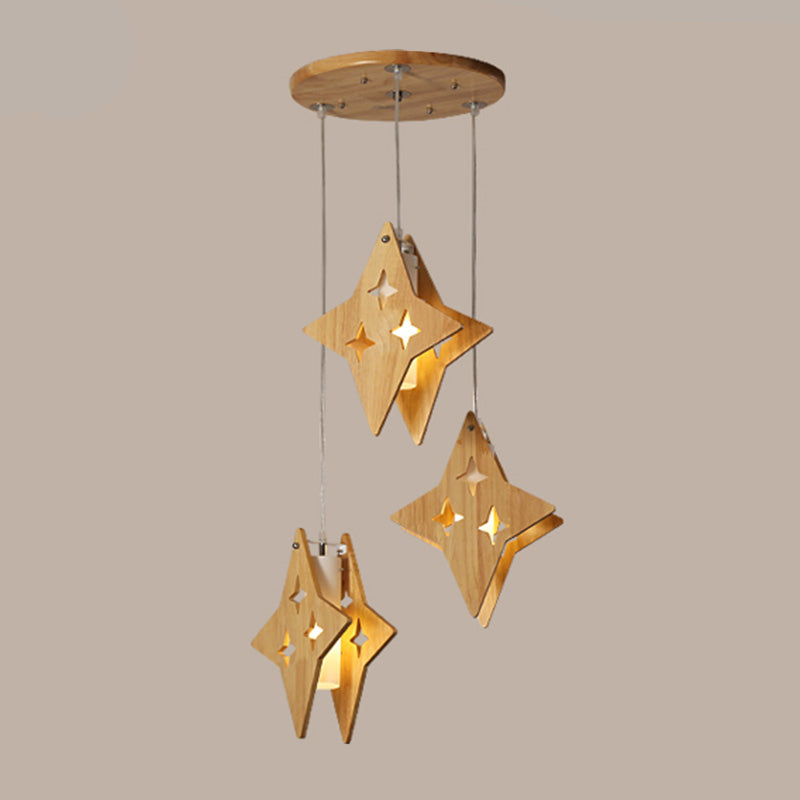 Hollowed-out Wooden Pendant Lamp Nordic Beige Suspended Lighting Fixture for Dining Room 3 Wood Star Clearhalo 'Ceiling Lights' 'Modern Pendants' 'Modern' 'Pendant Lights' 'Pendants' Lighting' 2463138