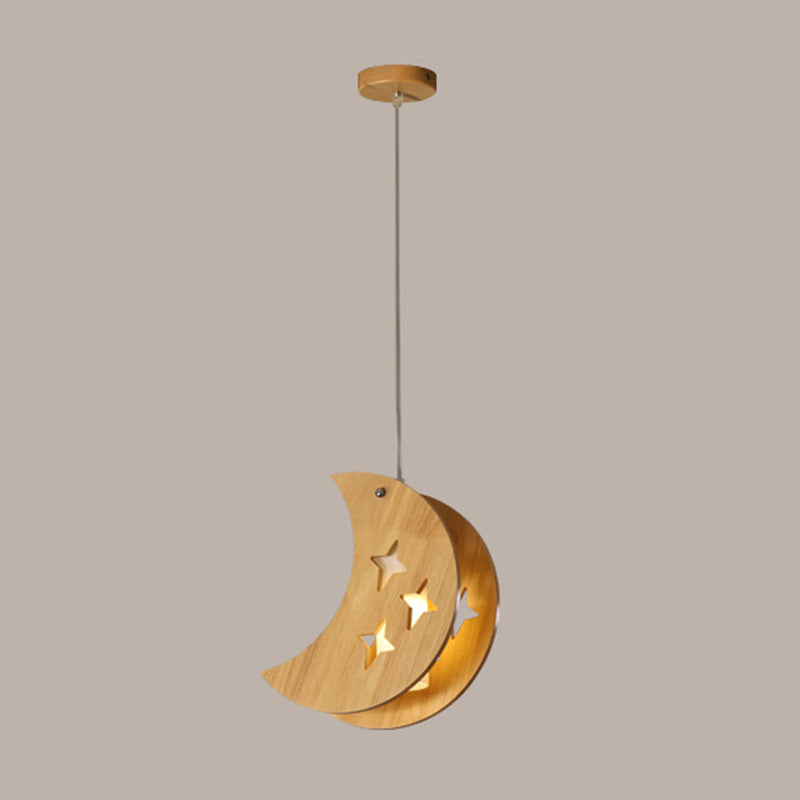 Hollowed-out Wooden Pendant Lamp Nordic Beige Suspended Lighting Fixture for Dining Room 1 Wood Moon Clearhalo 'Ceiling Lights' 'Modern Pendants' 'Modern' 'Pendant Lights' 'Pendants' Lighting' 2463140