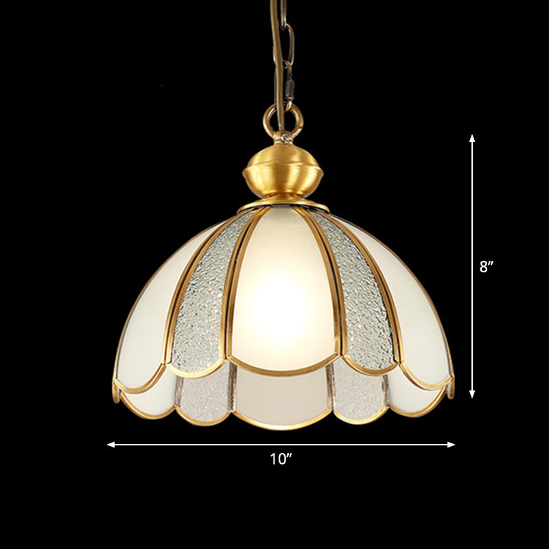 Traditional Scalloped Pendant Lighting Single-Bulb Frosted Glass Hanging Light in Gold Clearhalo 'Ceiling Lights' 'Chandeliers' 'Glass shade' 'Glass' 'Pendant Lights' 'Pendants' Lighting' 2463147