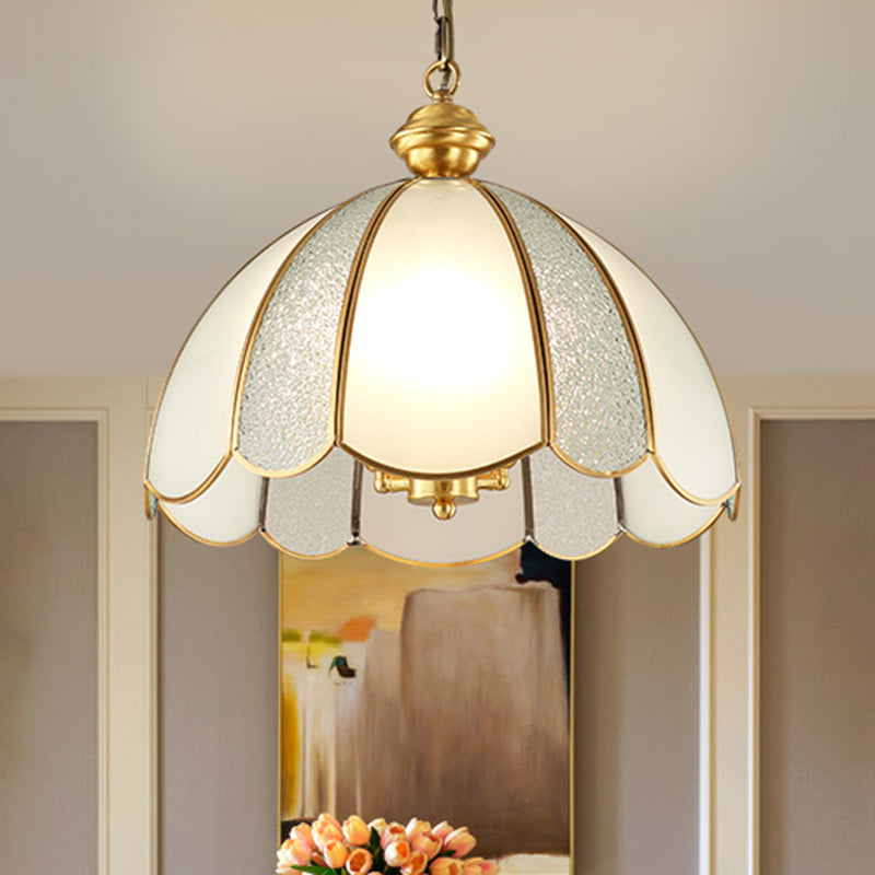 Traditional Scalloped Pendant Lighting Single-Bulb Frosted Glass Hanging Light in Gold Clearhalo 'Ceiling Lights' 'Chandeliers' 'Glass shade' 'Glass' 'Pendant Lights' 'Pendants' Lighting' 2463149