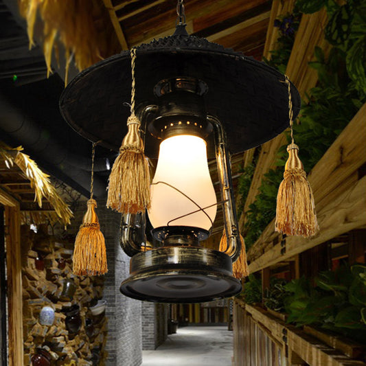 Opal Glass Kerosene Ceiling Lamp Rustic 1 Bulb Aisle Hanging Light with Tassel and Cone Hat Top in Black Black Clearhalo 'Art Deco Pendants' 'Black' 'Cast Iron' 'Ceiling Lights' 'Ceramic' 'Crystal' 'Industrial Pendants' 'Industrial' 'Metal' 'Middle Century Pendants' 'Pendant Lights' 'Pendants' 'Rustic Pendants' 'Tiffany' Lighting' 2463150
