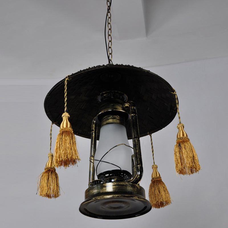 Opal Glass Kerosene Ceiling Lamp Rustic 1 Bulb Aisle Hanging Light with Tassel and Cone Hat Top in Black Clearhalo 'Art Deco Pendants' 'Black' 'Cast Iron' 'Ceiling Lights' 'Ceramic' 'Crystal' 'Industrial Pendants' 'Industrial' 'Metal' 'Middle Century Pendants' 'Pendant Lights' 'Pendants' 'Rustic Pendants' 'Tiffany' Lighting' 2463152