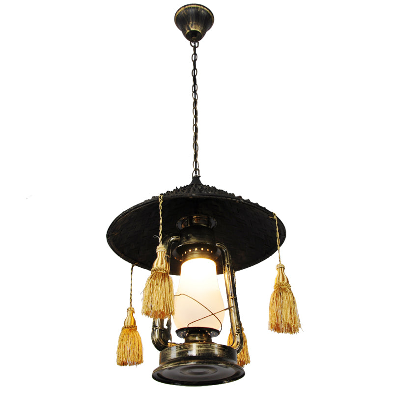 Opal Glass Kerosene Ceiling Lamp Rustic 1 Bulb Aisle Hanging Light with Tassel and Cone Hat Top in Black Clearhalo 'Art Deco Pendants' 'Black' 'Cast Iron' 'Ceiling Lights' 'Ceramic' 'Crystal' 'Industrial Pendants' 'Industrial' 'Metal' 'Middle Century Pendants' 'Pendant Lights' 'Pendants' 'Rustic Pendants' 'Tiffany' Lighting' 2463154