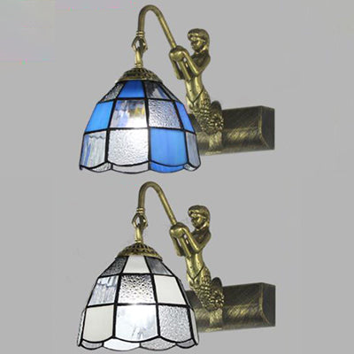 1 Head Dome Vanity Sconce Light Tiffany White/Blue Glass Wall Mounted Light with Mermaid Backplate Clearhalo 'Industrial' 'Middle century wall lights' 'Tiffany wall lights' 'Tiffany' 'Wall Lamps & Sconces' 'Wall Lights' Lighting' 24633