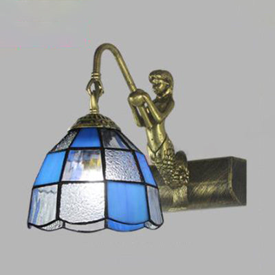 1 Head Dome Vanity Sconce Light Tiffany White/Blue Glass Wall Mounted Light with Mermaid Backplate Blue Clearhalo 'Industrial' 'Middle century wall lights' 'Tiffany wall lights' 'Tiffany' 'Wall Lamps & Sconces' 'Wall Lights' Lighting' 24634