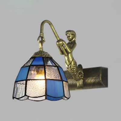 1 Head Dome Vanity Sconce Light Tiffany White/Blue Glass Wall Mounted Light with Mermaid Backplate Clearhalo 'Industrial' 'Middle century wall lights' 'Tiffany wall lights' 'Tiffany' 'Wall Lamps & Sconces' 'Wall Lights' Lighting' 24635