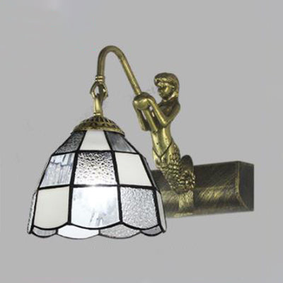 1 Head Dome Vanity Sconce Light Tiffany White/Blue Glass Wall Mounted Light with Mermaid Backplate Clearhalo 'Industrial' 'Middle century wall lights' 'Tiffany wall lights' 'Tiffany' 'Wall Lamps & Sconces' 'Wall Lights' Lighting' 24636