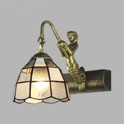 1 Head Dome Vanity Sconce Light Tiffany White/Blue Glass Wall Mounted Light with Mermaid Backplate Clearhalo 'Industrial' 'Middle century wall lights' 'Tiffany wall lights' 'Tiffany' 'Wall Lamps & Sconces' 'Wall Lights' Lighting' 24637