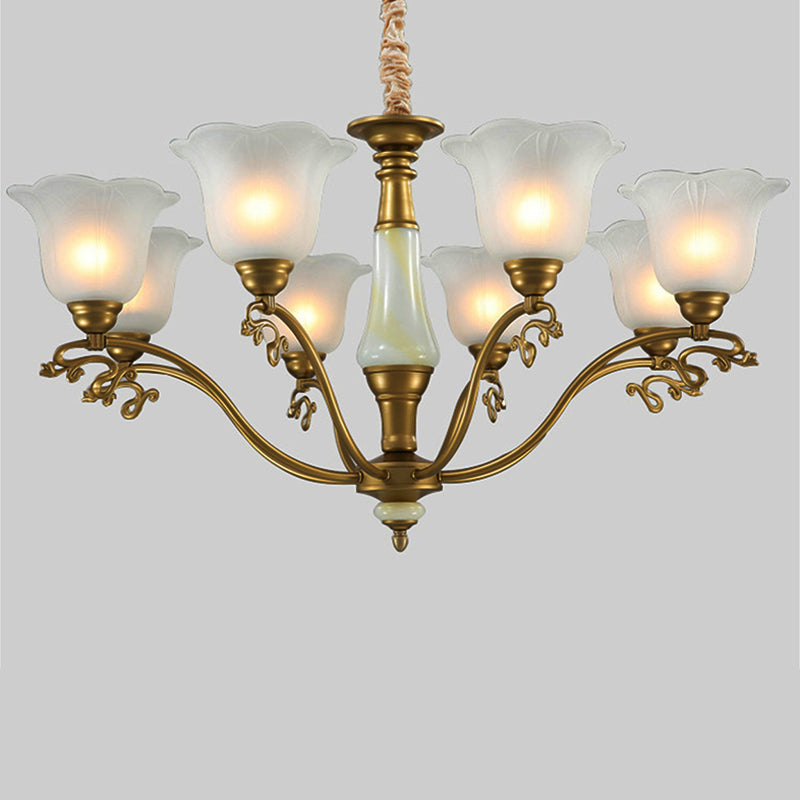 3/6/8 Light Frosted Glass Hanging Chandelier Traditional Brass Scalloped Living Room Pendant Light Fixture 8 Brass Clearhalo 'Ceiling Lights' 'Chandeliers' 'Glass shade' 'Glass' Lighting' 246374
