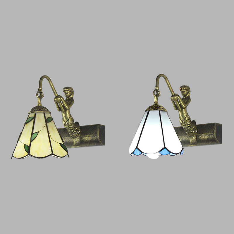1 Head Bathroom Wall Light Fixture Tiffany Antique Brass Sconce Light with Cone White/Green Glass Shade Clearhalo 'Industrial' 'Middle century wall lights' 'Tiffany wall lights' 'Tiffany' 'Wall Lamps & Sconces' 'Wall Lights' Lighting' 24640