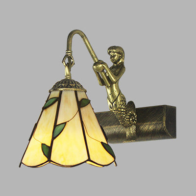 1 Head Bathroom Wall Light Fixture Tiffany Antique Brass Sconce Light with Cone White/Green Glass Shade Clearhalo 'Industrial' 'Middle century wall lights' 'Tiffany wall lights' 'Tiffany' 'Wall Lamps & Sconces' 'Wall Lights' Lighting' 24641