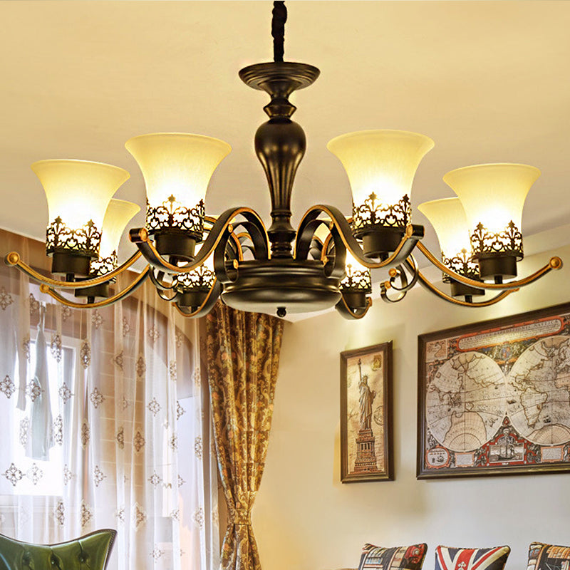 Bell Frosted Glass Chandelier Light Traditional 3/6/8 Light Living Room Pendant Lighting in Black Clearhalo 'Ceiling Lights' 'Chandeliers' 'Glass shade' 'Glass' Lighting' 246410