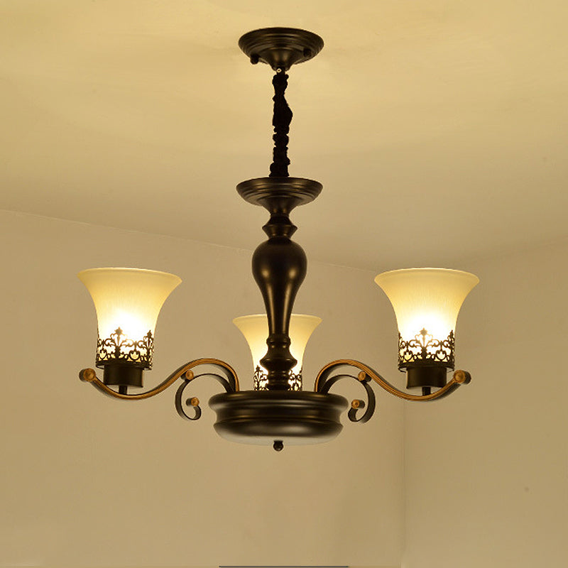 Bell Frosted Glass Chandelier Light Traditional 3/6/8 Light Living Room Pendant Lighting in Black 3 Black Clearhalo 'Ceiling Lights' 'Chandeliers' 'Glass shade' 'Glass' Lighting' 246411