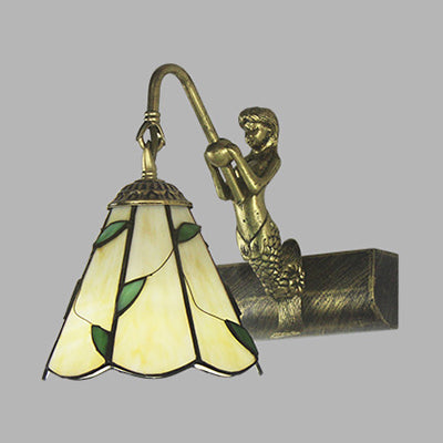 1 Head Bathroom Wall Light Fixture Tiffany Antique Brass Sconce Light with Cone White/Green Glass Shade Clearhalo 'Industrial' 'Middle century wall lights' 'Tiffany wall lights' 'Tiffany' 'Wall Lamps & Sconces' 'Wall Lights' Lighting' 24642