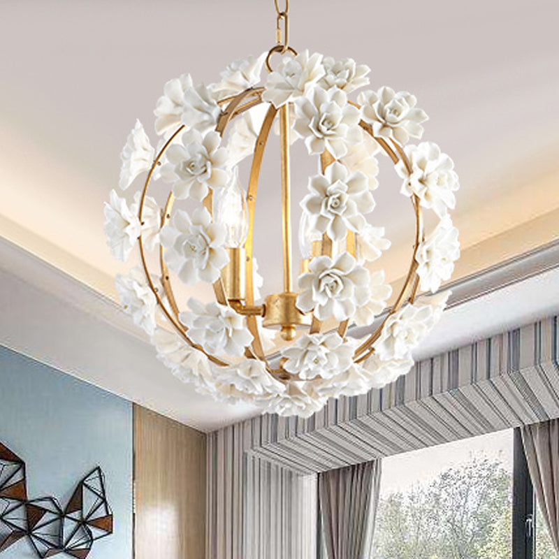 Gold Globe Ceiling Chandelier Modernism Metal 3 Heads Hanging Light Fixture with White Flowers Clearhalo 'Ceiling Lights' 'Chandeliers' Lighting' options 246423