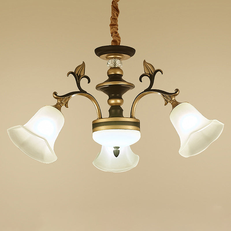 3/6 Lights Ceiling Light Traditional Flared Frosted Glass Hanging Chandelier in Brass 3 Brass Clearhalo 'Ceiling Lights' 'Chandeliers' 'Glass shade' 'Glass' Lighting' 246424