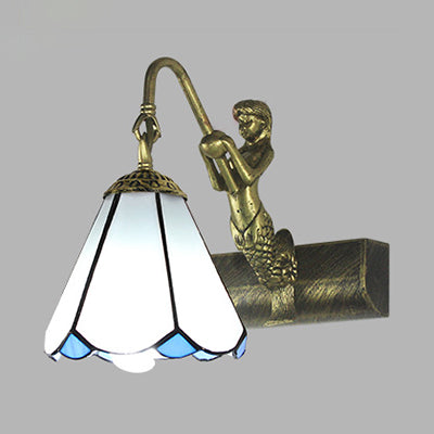 1 Head Bathroom Wall Light Fixture Tiffany Antique Brass Sconce Light with Cone White/Green Glass Shade White Clearhalo 'Industrial' 'Middle century wall lights' 'Tiffany wall lights' 'Tiffany' 'Wall Lamps & Sconces' 'Wall Lights' Lighting' 24644
