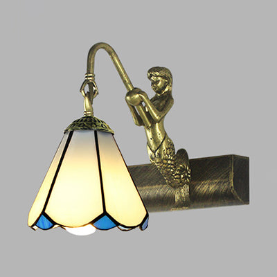 1 Head Bathroom Wall Light Fixture Tiffany Antique Brass Sconce Light with Cone White/Green Glass Shade Clearhalo 'Industrial' 'Middle century wall lights' 'Tiffany wall lights' 'Tiffany' 'Wall Lamps & Sconces' 'Wall Lights' Lighting' 24645