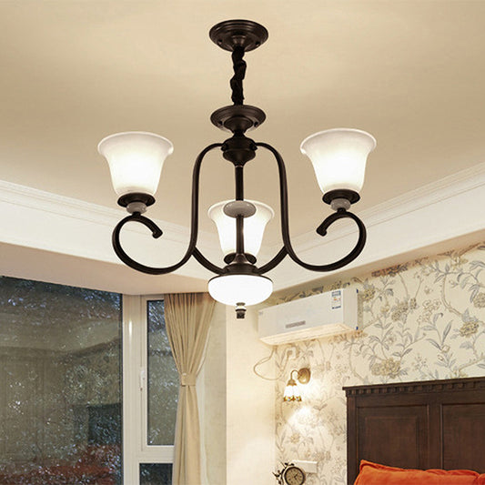 3/6/8 Lights Pendant Light Traditional Bell Frosted Glass Hanging Chandelier in Dark Coffee Clearhalo 'Ceiling Lights' 'Chandeliers' 'Glass shade' 'Glass' Lighting' 246470