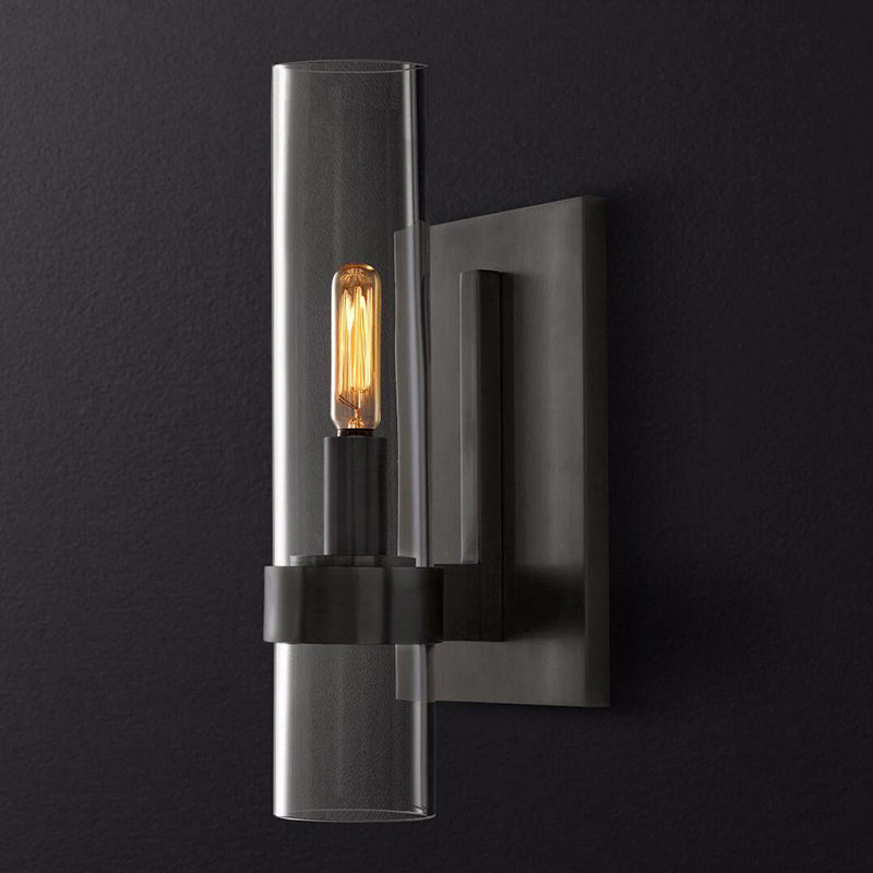 Cylinder Sconce Light Traditionary Clear Glass 2.5"/5" Wide 1 Head Black/Brass Wall Lamp Fixture for Stair Black 5" Clearhalo 'Wall Lamps & Sconces' 'Wall Lights' Lighting' 2464872