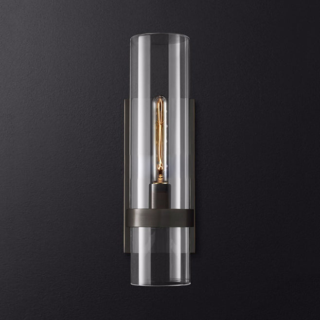 Cylinder Sconce Light Traditionary Clear Glass 2.5"/5" Wide 1 Head Black/Brass Wall Lamp Fixture for Stair Clearhalo 'Wall Lamps & Sconces' 'Wall Lights' Lighting' 2464874