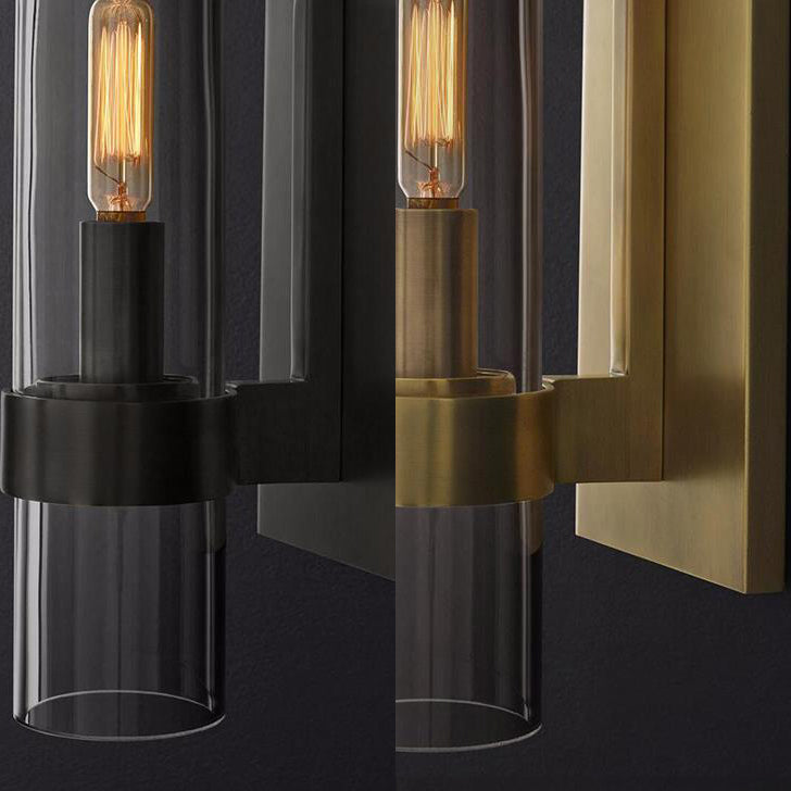 Cylinder Sconce Light Traditionary Clear Glass 2.5"/5" Wide 1 Head Black/Brass Wall Lamp Fixture for Stair Clearhalo 'Wall Lamps & Sconces' 'Wall Lights' Lighting' 2464875