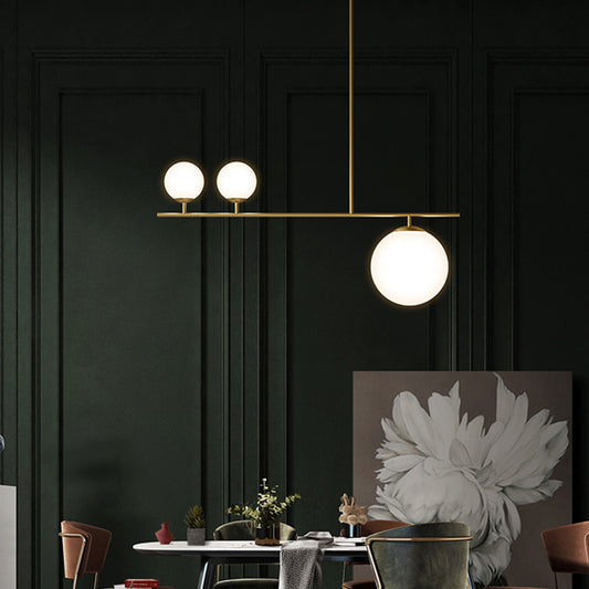 Brass Ball Pendant Light Minimalistic 3-Light Opal Glass Island Lighting for Dining Room