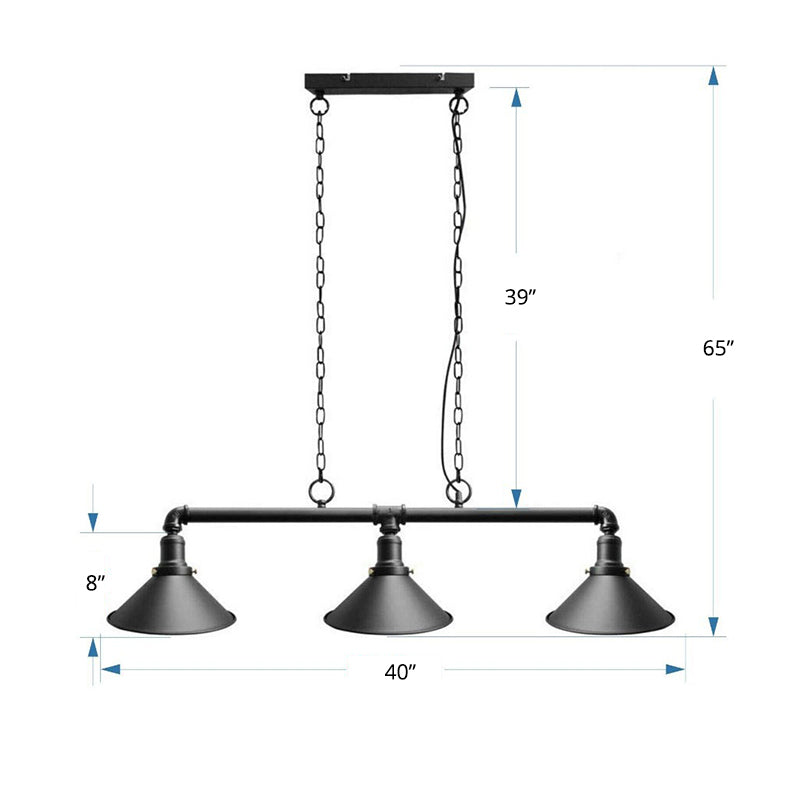 Conical Restaurant Island Light Fixture Industrial Metal 3-Head Black Hanging Ceiling Light Clearhalo 'Ceiling Lights' 'Island Lights' Lighting' 2464976