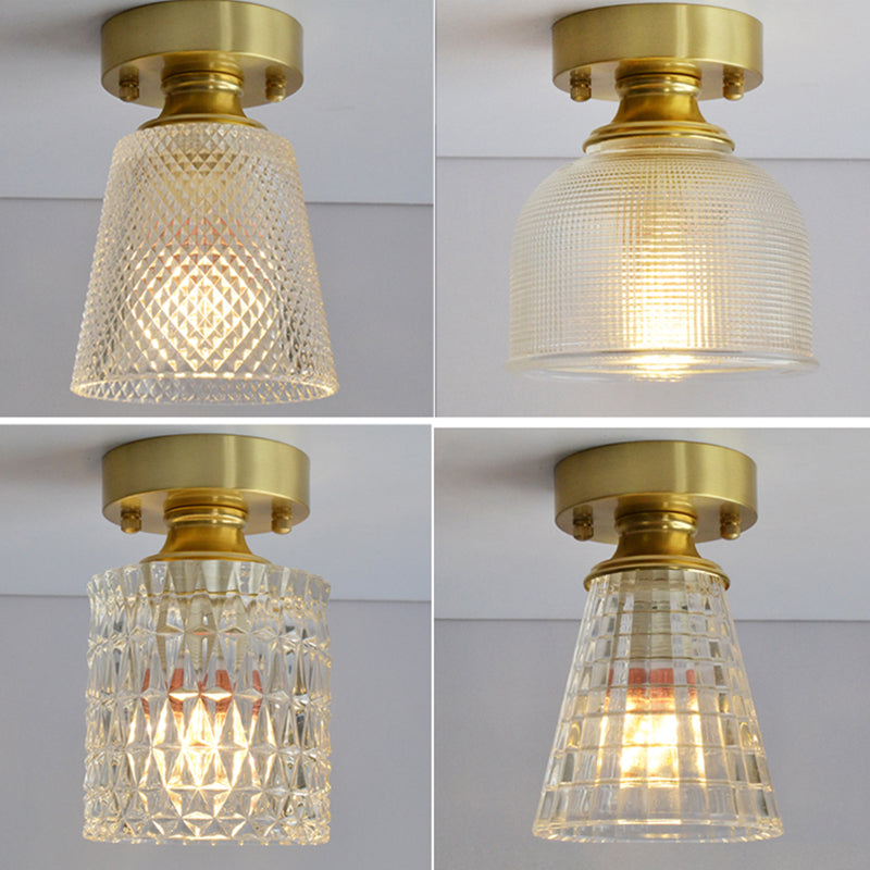 Brass Finish 1-Head Ceiling Mounted Light Minimalist Carved Glass Shaded Semi Flush Mount Lamp for Corridor Clearhalo 'Ceiling Lights' 'Close To Ceiling Lights' 'Close to ceiling' 'Semi-flushmount' Lighting' 2464978