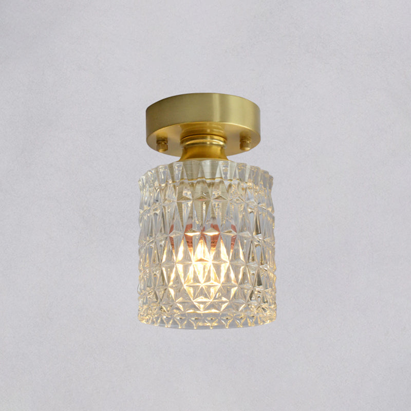 Brass Finish 1-Head Ceiling Mounted Light Minimalist Carved Glass Shaded Semi Flush Mount Lamp for Corridor Brass Cylinder Clearhalo 'Ceiling Lights' 'Close To Ceiling Lights' 'Close to ceiling' 'Semi-flushmount' Lighting' 2464979
