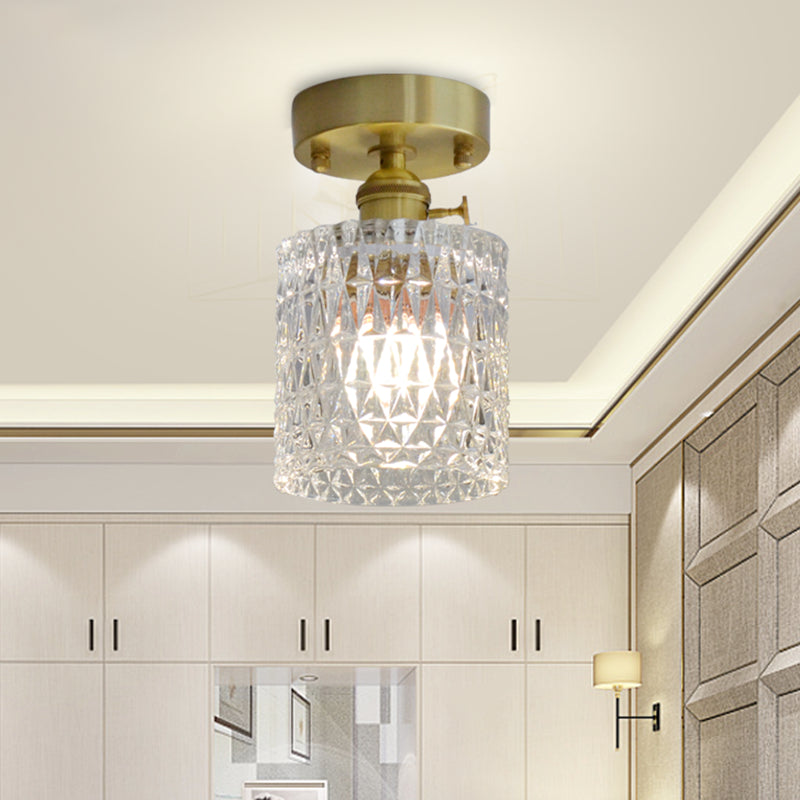 Brass Finish 1-Head Ceiling Mounted Light Minimalist Carved Glass Shaded Semi Flush Mount Lamp for Corridor Clearhalo 'Ceiling Lights' 'Close To Ceiling Lights' 'Close to ceiling' 'Semi-flushmount' Lighting' 2464981