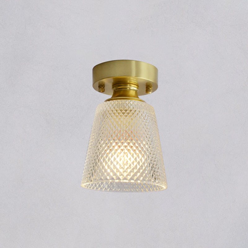Brass Finish 1-Head Ceiling Mounted Light Minimalist Carved Glass Shaded Semi Flush Mount Lamp for Corridor Brass Trumpet Clearhalo 'Ceiling Lights' 'Close To Ceiling Lights' 'Close to ceiling' 'Semi-flushmount' Lighting' 2464982