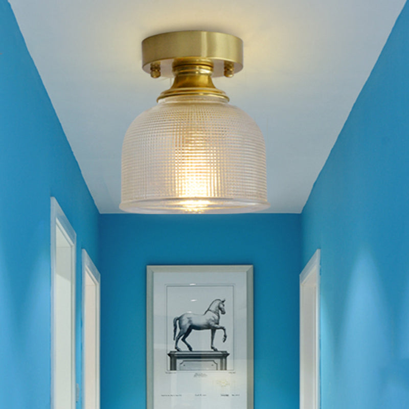 Brass Finish 1-Head Ceiling Mounted Light Minimalist Carved Glass Shaded Semi Flush Mount Lamp for Corridor Clearhalo 'Ceiling Lights' 'Close To Ceiling Lights' 'Close to ceiling' 'Semi-flushmount' Lighting' 2464983