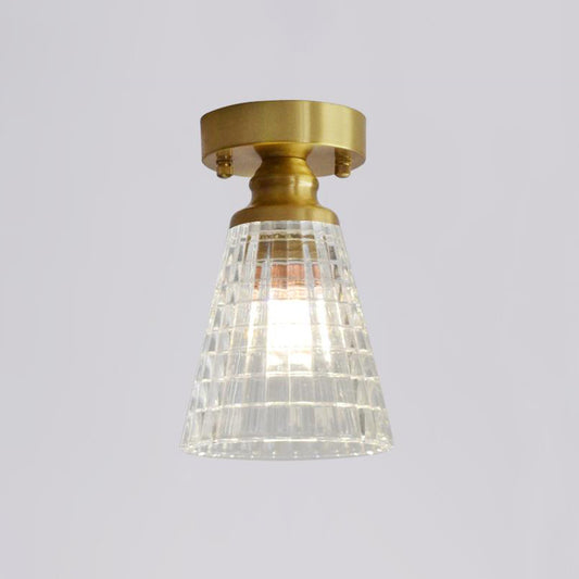 Brass Finish 1-Head Ceiling Mounted Light Minimalist Carved Glass Shaded Semi Flush Mount Lamp for Corridor Brass Flared Clearhalo 'Ceiling Lights' 'Close To Ceiling Lights' 'Close to ceiling' 'Semi-flushmount' Lighting' 2464984