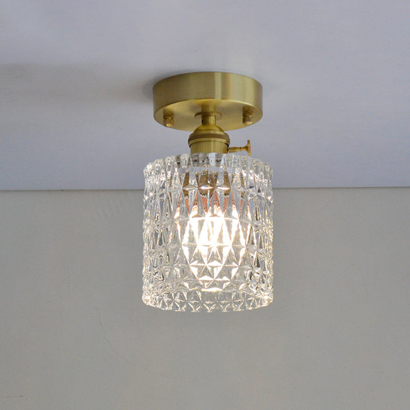 Brass Finish 1-Head Ceiling Mounted Light Minimalist Carved Glass Shaded Semi Flush Mount Lamp for Corridor Clearhalo 'Ceiling Lights' 'Close To Ceiling Lights' 'Close to ceiling' 'Semi-flushmount' Lighting' 2464985
