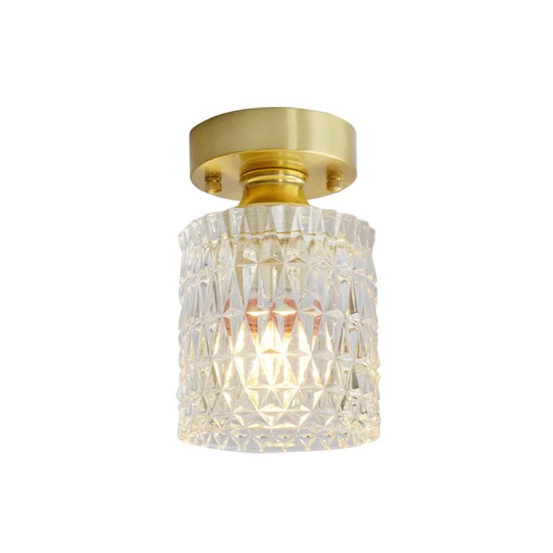 Brass Finish 1-Head Ceiling Mounted Light Minimalist Carved Glass Shaded Semi Flush Mount Lamp for Corridor Clearhalo 'Ceiling Lights' 'Close To Ceiling Lights' 'Close to ceiling' 'Semi-flushmount' Lighting' 2464986