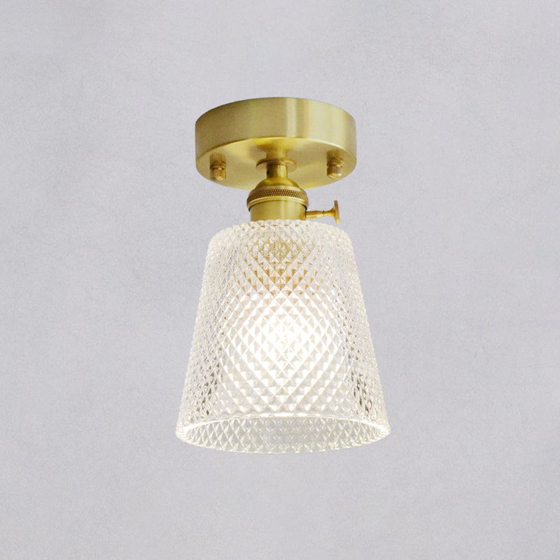 Brass Finish 1-Head Ceiling Mounted Light Minimalist Carved Glass Shaded Semi Flush Mount Lamp for Corridor Clearhalo 'Ceiling Lights' 'Close To Ceiling Lights' 'Close to ceiling' 'Semi-flushmount' Lighting' 2464987