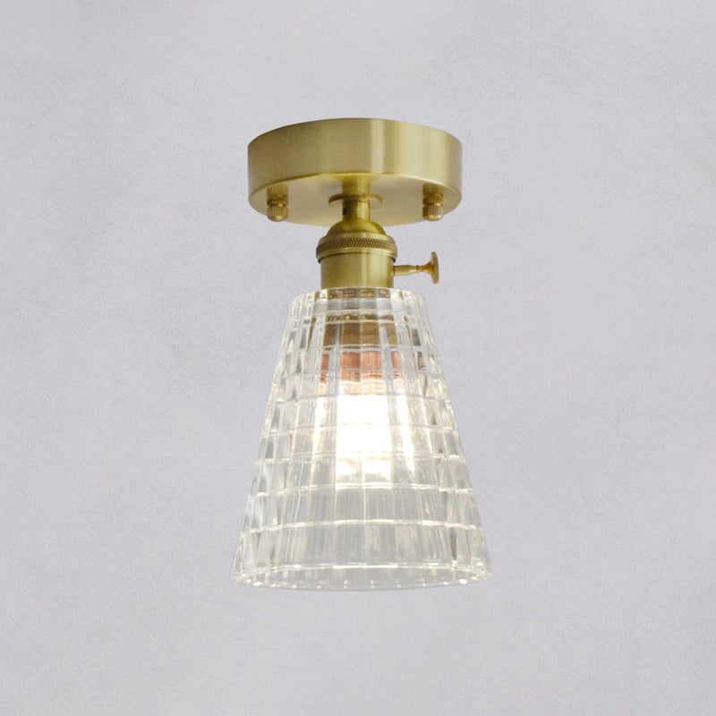 Brass Finish 1-Head Ceiling Mounted Light Minimalist Carved Glass Shaded Semi Flush Mount Lamp for Corridor Clearhalo 'Ceiling Lights' 'Close To Ceiling Lights' 'Close to ceiling' 'Semi-flushmount' Lighting' 2464988