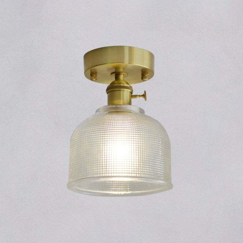 Brass Finish 1-Head Ceiling Mounted Light Minimalist Carved Glass Shaded Semi Flush Mount Lamp for Corridor Clearhalo 'Ceiling Lights' 'Close To Ceiling Lights' 'Close to ceiling' 'Semi-flushmount' Lighting' 2464989