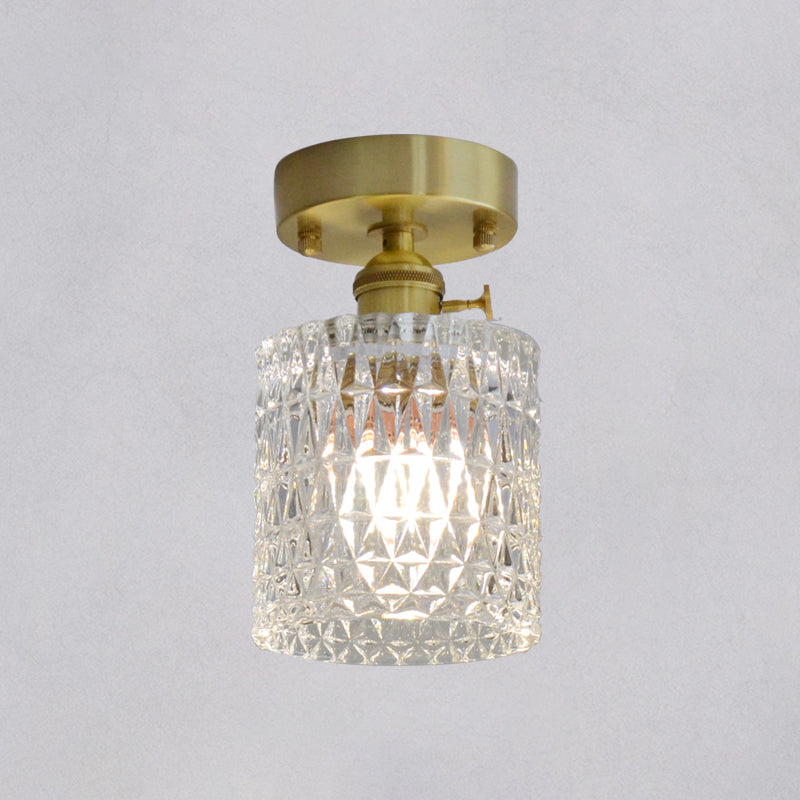 Brass Finish 1-Head Ceiling Mounted Light Minimalist Carved Glass Shaded Semi Flush Mount Lamp for Corridor Clearhalo 'Ceiling Lights' 'Close To Ceiling Lights' 'Close to ceiling' 'Semi-flushmount' Lighting' 2464990