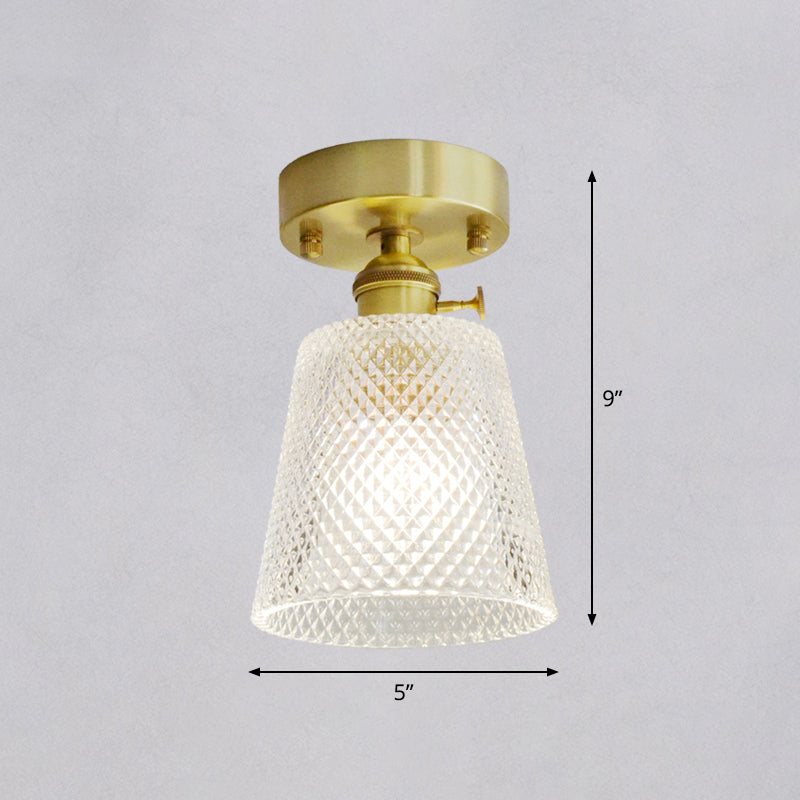 Brass Finish 1-Head Ceiling Mounted Light Minimalist Carved Glass Shaded Semi Flush Mount Lamp for Corridor Clearhalo 'Ceiling Lights' 'Close To Ceiling Lights' 'Close to ceiling' 'Semi-flushmount' Lighting' 2464991