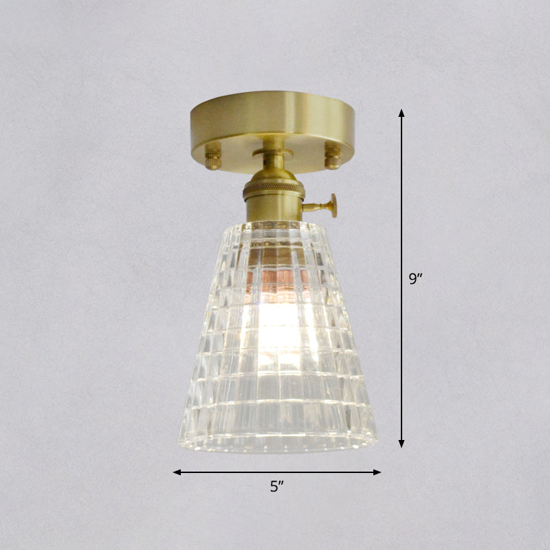 Brass Finish 1-Head Ceiling Mounted Light Minimalist Carved Glass Shaded Semi Flush Mount Lamp for Corridor Clearhalo 'Ceiling Lights' 'Close To Ceiling Lights' 'Close to ceiling' 'Semi-flushmount' Lighting' 2464992