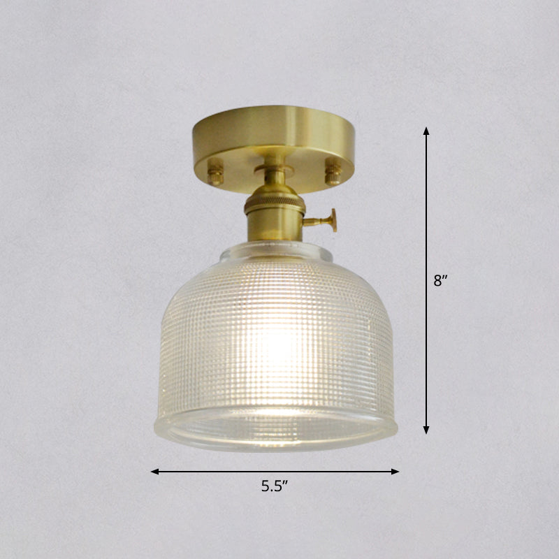 Brass Finish 1-Head Ceiling Mounted Light Minimalist Carved Glass Shaded Semi Flush Mount Lamp for Corridor Clearhalo 'Ceiling Lights' 'Close To Ceiling Lights' 'Close to ceiling' 'Semi-flushmount' Lighting' 2464993