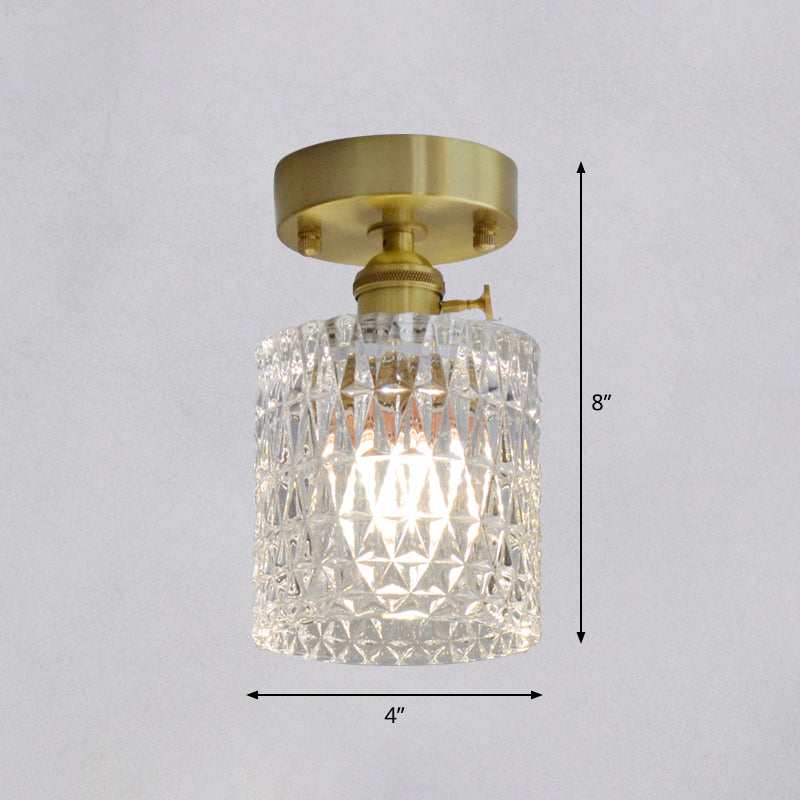 Brass Finish 1-Head Ceiling Mounted Light Minimalist Carved Glass Shaded Semi Flush Mount Lamp for Corridor Clearhalo 'Ceiling Lights' 'Close To Ceiling Lights' 'Close to ceiling' 'Semi-flushmount' Lighting' 2464994