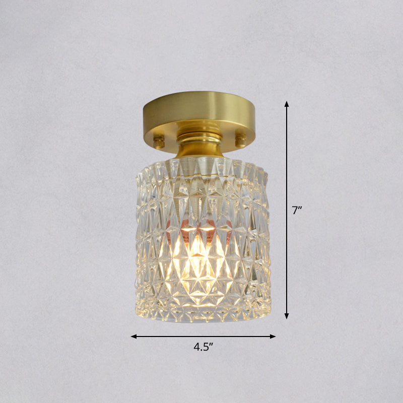 Brass Finish 1-Head Ceiling Mounted Light Minimalist Carved Glass Shaded Semi Flush Mount Lamp for Corridor Clearhalo 'Ceiling Lights' 'Close To Ceiling Lights' 'Close to ceiling' 'Semi-flushmount' Lighting' 2464995