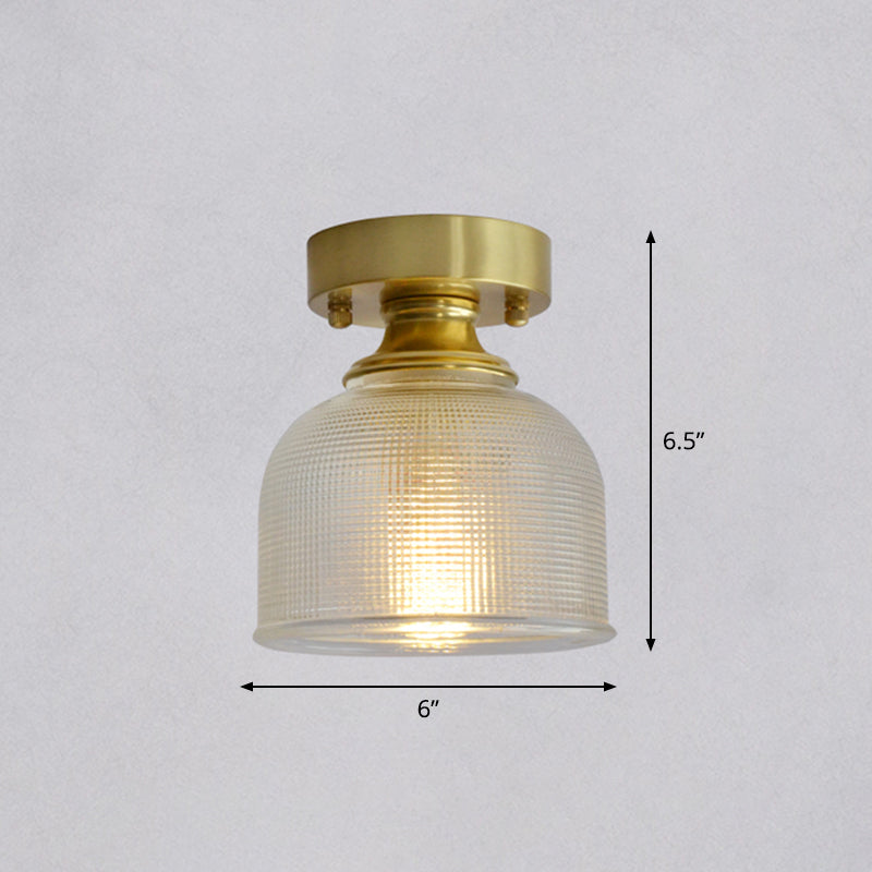 Brass Finish 1-Head Ceiling Mounted Light Minimalist Carved Glass Shaded Semi Flush Mount Lamp for Corridor Clearhalo 'Ceiling Lights' 'Close To Ceiling Lights' 'Close to ceiling' 'Semi-flushmount' Lighting' 2464996
