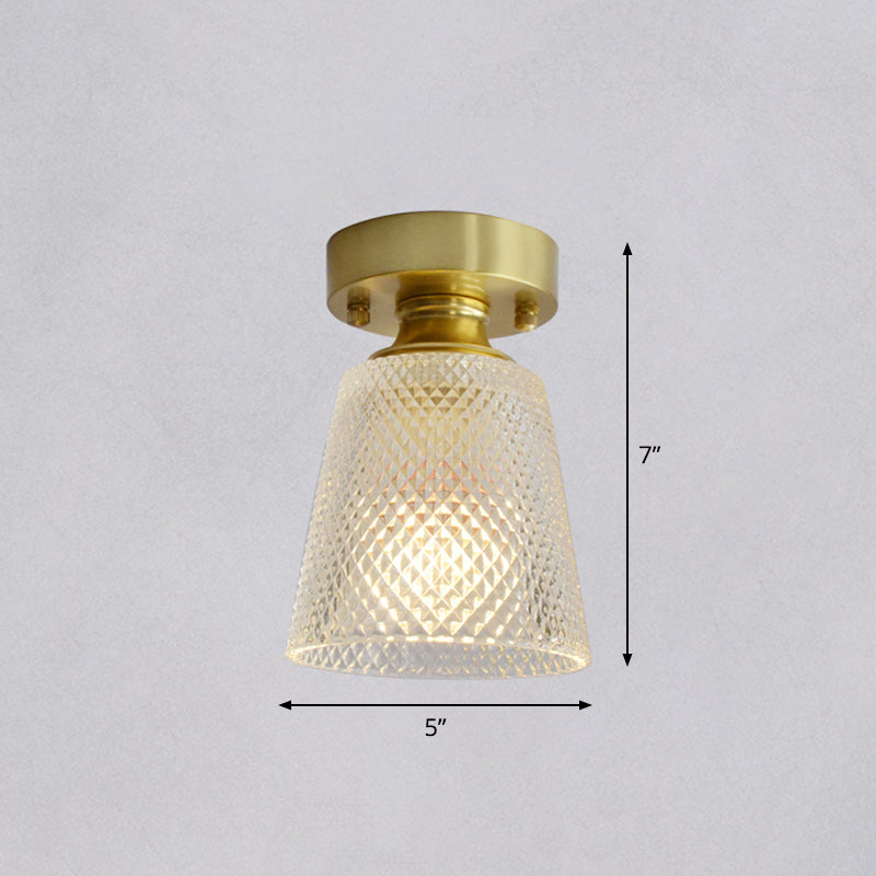 Brass Finish 1-Head Ceiling Mounted Light Minimalist Carved Glass Shaded Semi Flush Mount Lamp for Corridor Clearhalo 'Ceiling Lights' 'Close To Ceiling Lights' 'Close to ceiling' 'Semi-flushmount' Lighting' 2464997