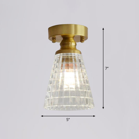 Brass Finish 1-Head Ceiling Mounted Light Minimalist Carved Glass Shaded Semi Flush Mount Lamp for Corridor Clearhalo 'Ceiling Lights' 'Close To Ceiling Lights' 'Close to ceiling' 'Semi-flushmount' Lighting' 2464998
