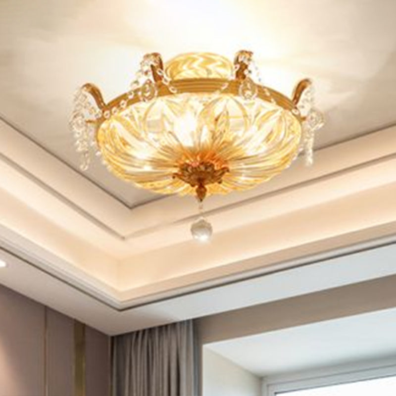 5-Light Shaded Flush Ceiling Light Vintage Brass Amber Glass Semi Flush Mount Lighting for Living Room Clearhalo 'Ceiling Lights' 'Close To Ceiling Lights' 'Close to ceiling' 'Semi-flushmount' Lighting' 2465031