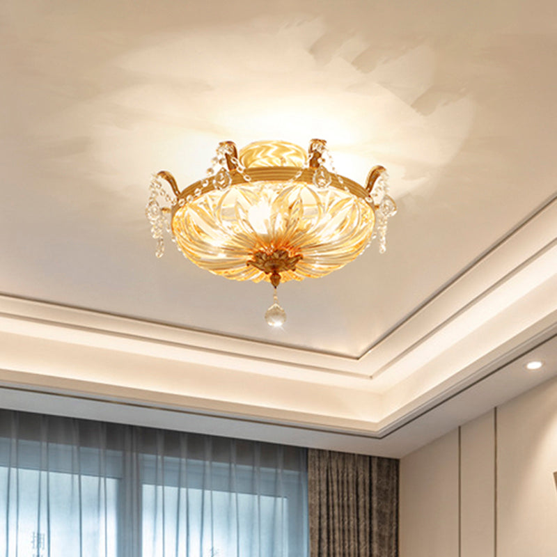 5-Light Shaded Flush Ceiling Light Vintage Brass Amber Glass Semi Flush Mount Lighting for Living Room Clearhalo 'Ceiling Lights' 'Close To Ceiling Lights' 'Close to ceiling' 'Semi-flushmount' Lighting' 2465034
